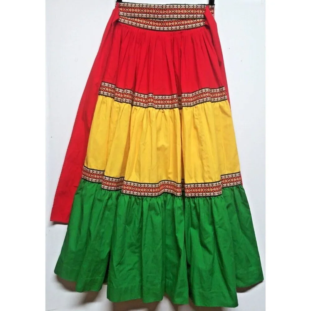 VTG Maxi Skirt Audrey Coleman Hippie Boho Scandinavian Green red yellow wrap tie